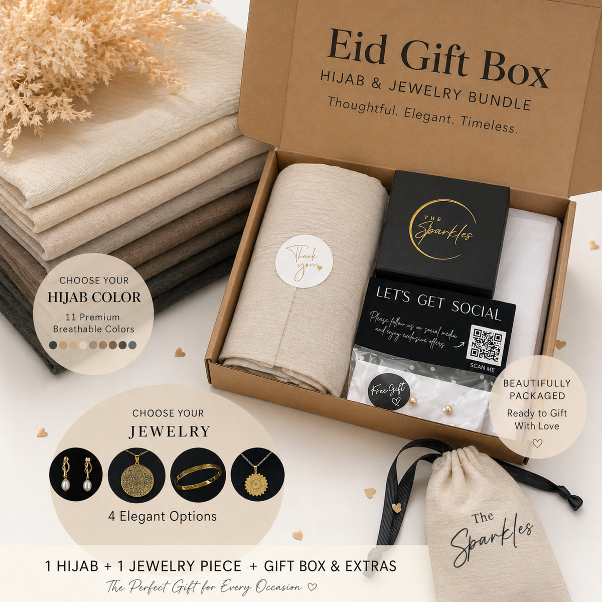 Customized Eid Gift Box: Modal Hijab Bundled with Engraved Ayat Bangle, Islamic Jewelry