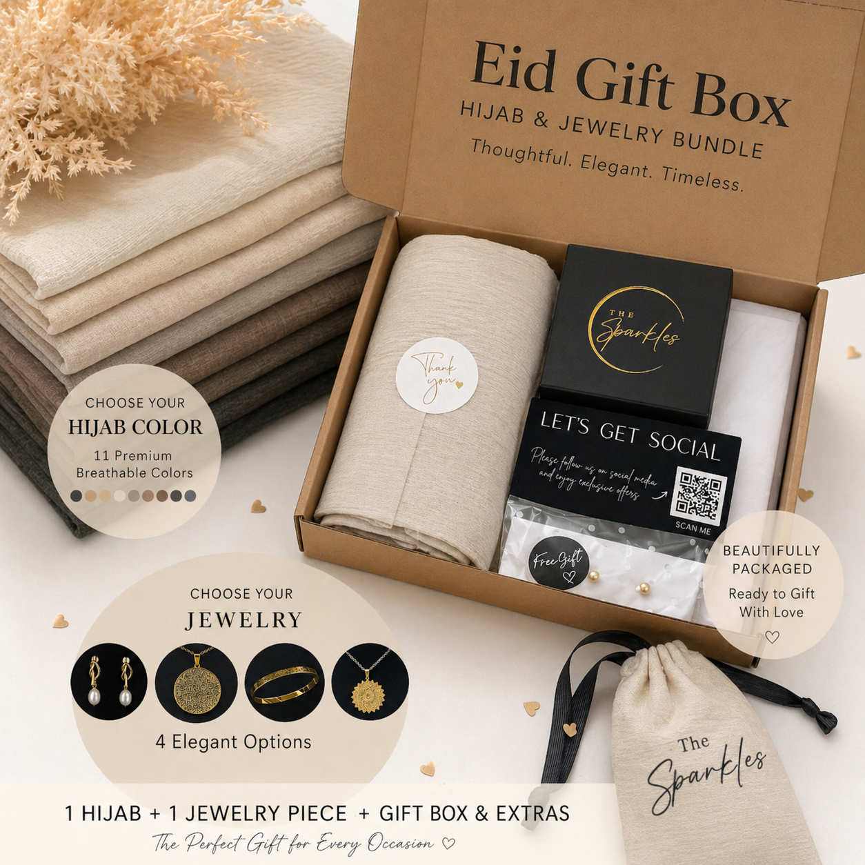 Customized Eid Gift Box: Modal Hijab Bundled with Engraved Ayat Bangle, Islamic Jewelry