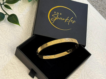 Ayatul Kursi Bangle Gift for Her, Ayatul Kursi Bracelet, Islamic Jewelry, Arabic Calligraphy Gold Plated 18k ,Allah Bangle. Makes a perfect Muslim Present for Her. Occasions : Ramadan Eid, Birthday, Anniversary, Valentines! Engraved Gold Thick Bangle