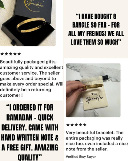 Custom Name Engraved Ayat ul Kursi Bangle: Arabic Calligraphy Bracelet (Personalized) | Gold | Silver | Rose Gold