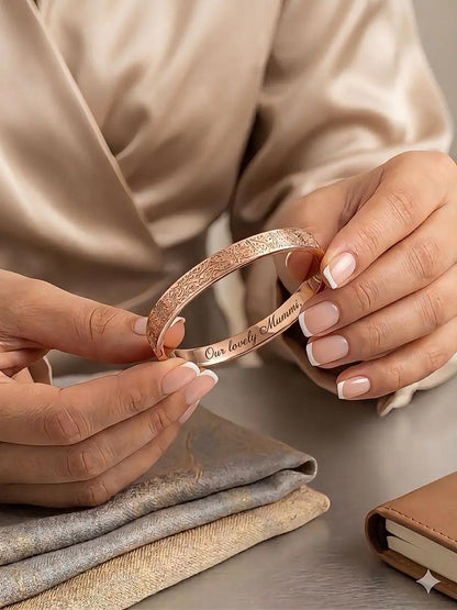 Custom Name Engraved Ayat ul Kursi Bangle: Arabic Calligraphy Bracelet (Personalized) | Gold | Silver | Rose Gold